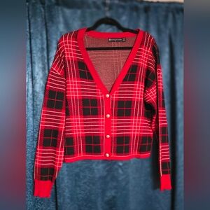 Fashion To Figure Red Plaid V-Neck Cardigan Sweater